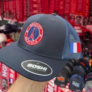 Navy Bradley Barcola trucker cap featuring an embroidered Eiffel Tower badge and French tricolour side patch